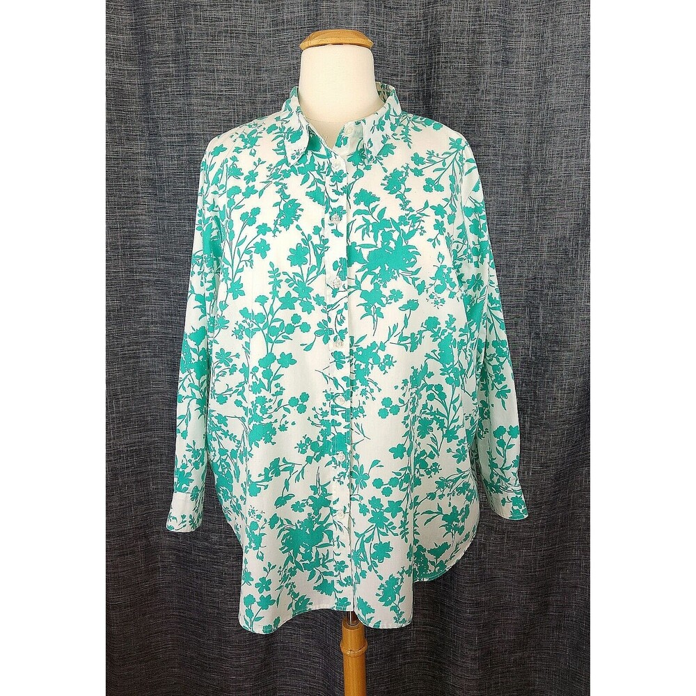 Classic Romantic WOMAN WITHIN Top Blouse Plus 3X White Green Floral Leaves #03